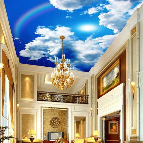 Custom Large Ceiling Mural Wallpaper Blue Sky And White Clouds Rainbow Nature Landscape Ceiling ...