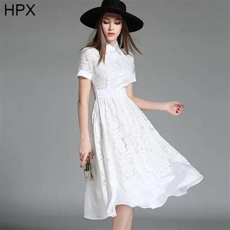 White Lace Knee Length Dress 2016 Spring Autumn New Women High Waist ...