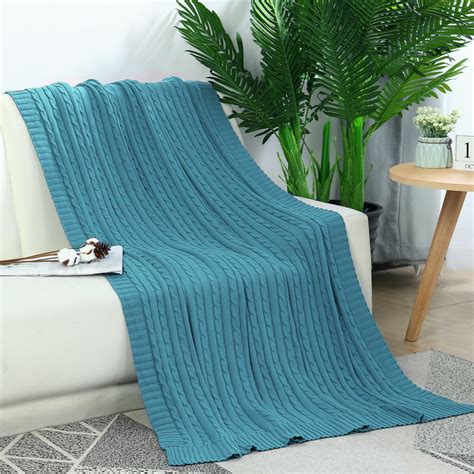 100% Cotton Soft Blanket Cable Sofa Chair Throw Knitted Throw Blankets Teal Blue 70" x 78 ...