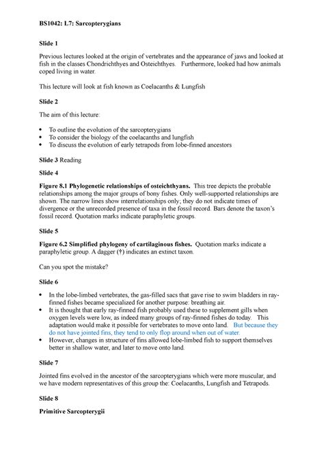 Sarcopterygians Evolution of Early Tetrapods 2019 20 notes - BS1042: L7: Sarcopterygians Slide 1 ...