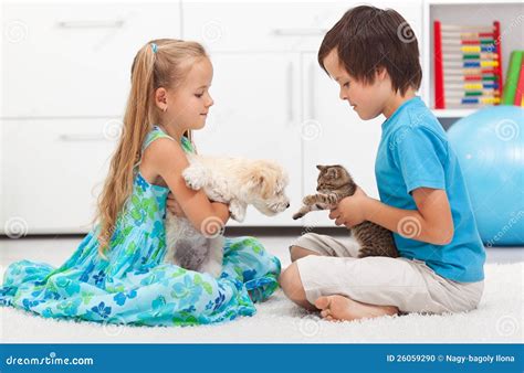 Kids with Their Pets - Dog and Cat Stock Photo - Image of animal ...