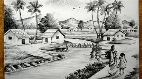 how to draw easy pencil sketch scenery,landscape pahar and river side ...