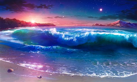 Anime Original Beach Wave Sunset Mountain Sky Cloud Evening Wallpaper #Beachsunsetanime ...