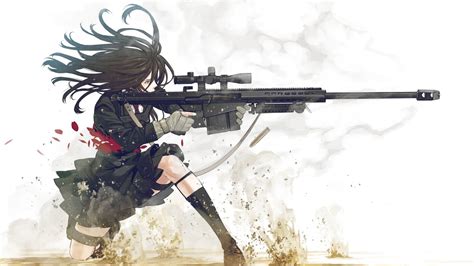 black-haired female anime character holding black assault rifle wallpaper #anime #gun #weapon ...