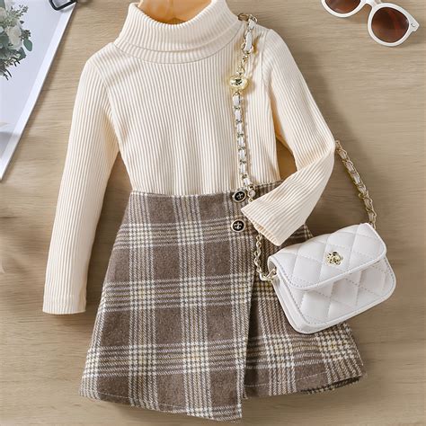 2pcs Girls Long Sleeves High Neck Top & Plaid Skirt Set Kids Clothes | Save Money On Temu | Temu