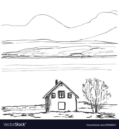 Outline sketch of a house hand drawn landscape Vector Image