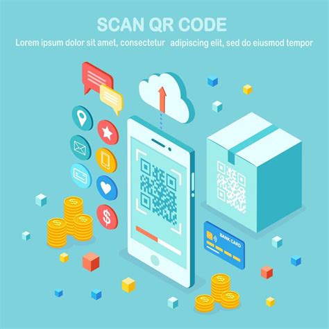 Scan QR code to phone. Mobile barcode reader, scanner with cardboard carton box, cloud, credit ...