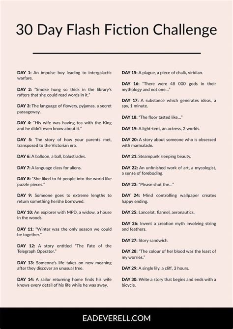 Flash Fiction Prompts - 100 Day Flash Fic Challenge | Writing prompts, Writing prompts for ...