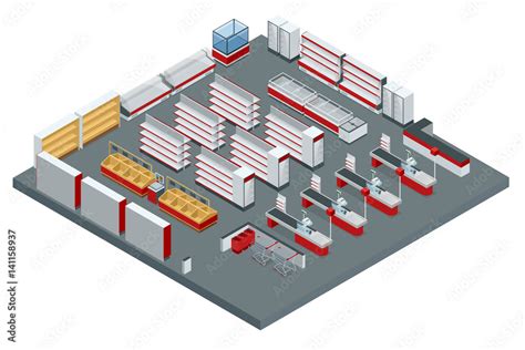 Vector isometric supermarket interior plan. Image includes store cross-section, furniture and ...