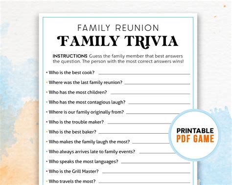 Family reunion trivia game family gathering party activities party printable ice breaker games ...