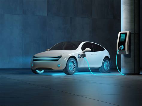 A futuristic electric car is connected to a charging station in the ...