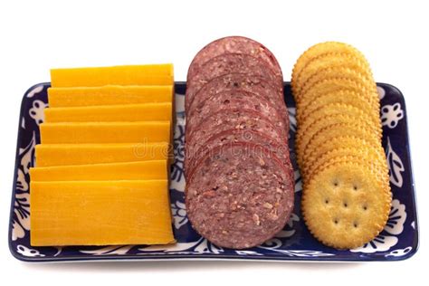 Platter of Summer Sausage Crackers and Cheddar Cheese on a White Background Stock Image - Image ...