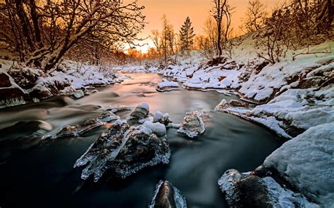 Norway, forest, trees, river, snow, ice, winter, sunset wallpaper ...