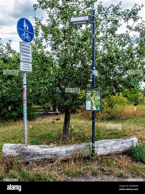 Map & Mauerweg Sign on Route of Former Berlin Wall that divided city into East & West, 1961-1989 ...