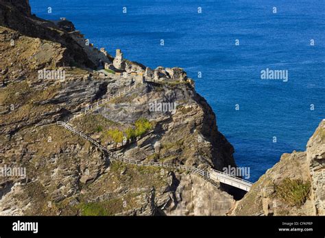 Bridge and steps to ruins of legendary Camelot Castle of King Arthur Stock Photo, Royalty Free ...