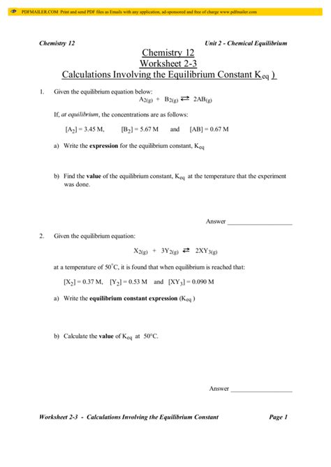 Equilibrium Expressions Worksheet - worksheet