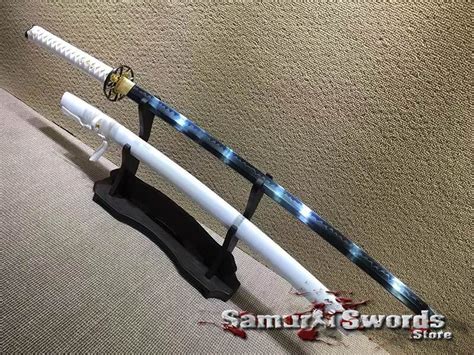 Battle Ready Katana Sword T10 Clay Tempered Steel Blue Acid Dye with White Saya