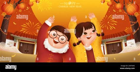 Happy Chinese new year illustration banner with two cute children raising their hands up in ...