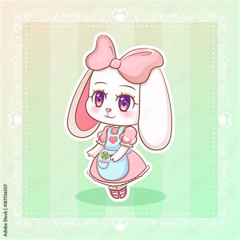 Sweet rabbit Little cute kawaii anime cartoon bunny girl in dress with pink ribbon. Stock Vector ...