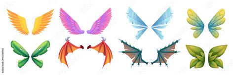 Mythology wings. Fantasy flying creatures monsters medieval fairy tale dragons or birds body ...