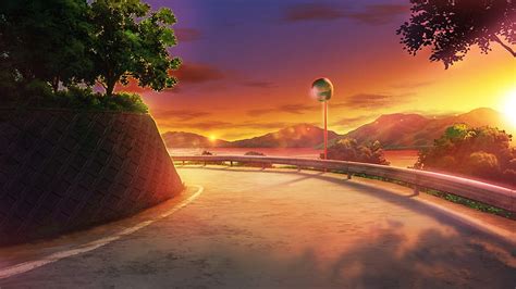 Anime landscape, sunset, scenery, road, trees, sky, Anime, HD wallpaper | Peakpx