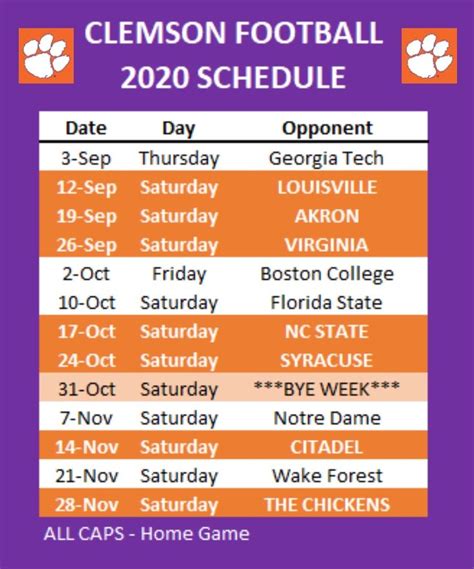 Clemson Football 2020 Schedule | Clemson football, Clemson tigers football, Clemson university ...