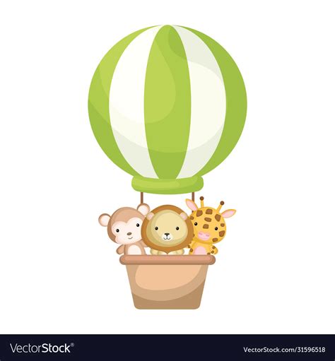 Cute baby animals in green hot air balloon Vector Image