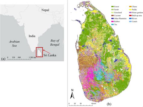 a Location of Sri Lanka in South Asia and b land use and land cover of... | Download Scientific ...