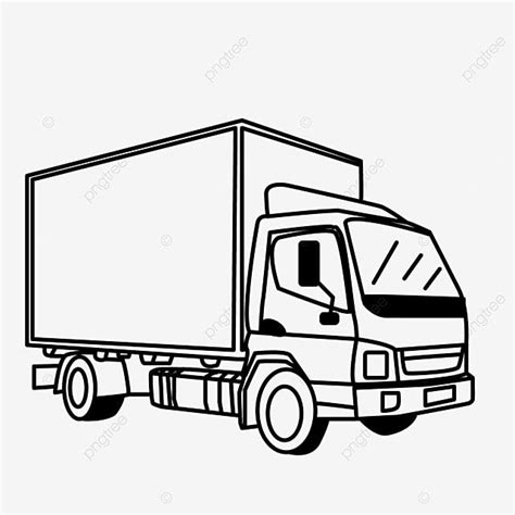 a black and white drawing of a truck on a light gray background, with the front end