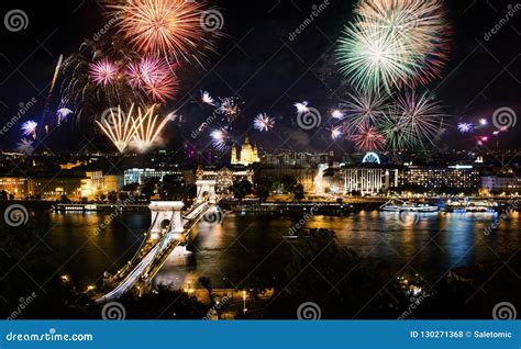 Fireworks in Budapest Over the City and Chain Bridge Stock Photo ...