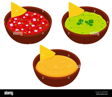 Mexican nachos and dip bowls cartoon drawing set. Tomato salsa, guacamole and cheese sauce ...