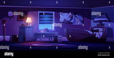 Kids bedroom interior in pirate thematic at night. Vector cartoon illustration of dark children ...