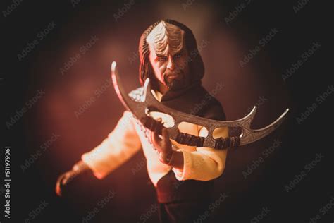 NEW YORK USA, JUNE 21 2022 - Star Trek Next Generation Klingon Lieutenant Worf with a bat'leth ...