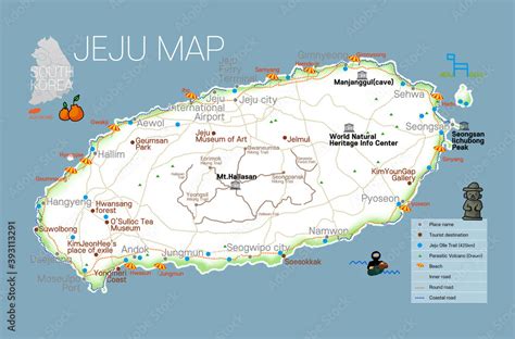 Map of Jeju Island in English. Roads, beaches and famous tourist attractions are marked. travel ...