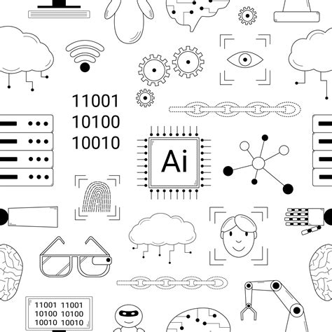 Hand drawn seamless pattern with elements depicting artificial intelligence. Technologies that ...