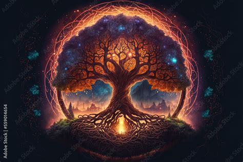 Tree of life Yggdrasil norse mythology, center of universe. Magical divine tree of immortality ...