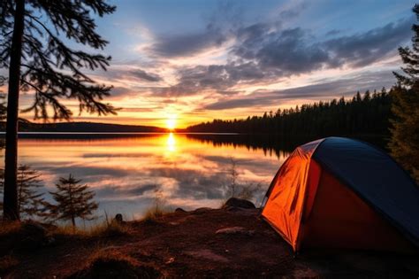 Premium Photo | Camping tent next to a lake at sunset