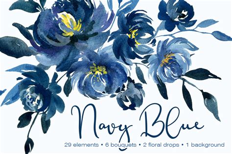 Navy Blue Watercolor Peonies Flowers By WatercolorFlowers | TheHungryJPEG