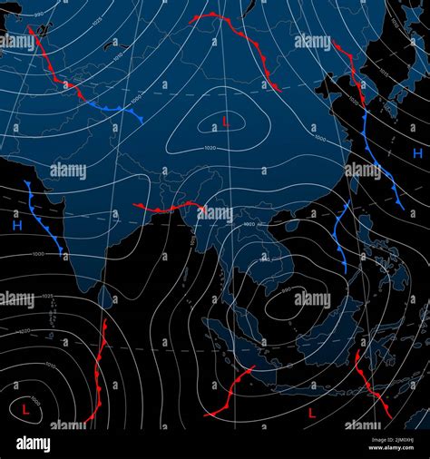 Forecast weather isobar night map of Asia, wind fronts and temperature vector diagram ...