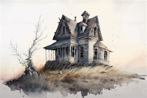 The abandoned house stood alone with the sound of the whistling wind. Watercolor painting ...