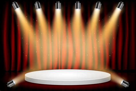 White Round Winner Podium on Red Curtain Theater Scene Stage Background ...