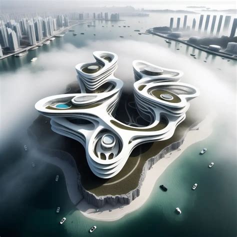 Foggy Island Scene with Overlapping Zaha Hadid Buildings | MUSE AI