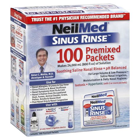 NeilMed Sinus Rinse Saline Nasal Rinse, Premixed Packets 100 packets