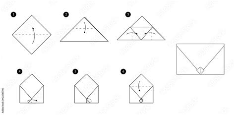 Instructions how to make a origami envelope. Monochrome black line step by step DIY illustration ...