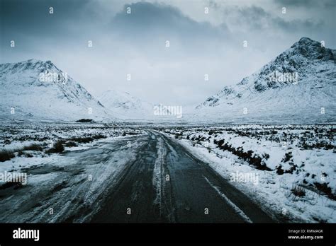 Road to Glen Etive winter snow mountain landscape in Glencoe Scotland Stock Photo - Alamy