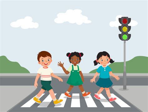 Cute happy kids walking crossing road near traffic light on zebra crossing 9295244 Vector Art at ...