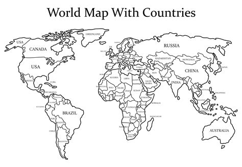 Black And White World Map - 20 Free PDF Printables | Printablee