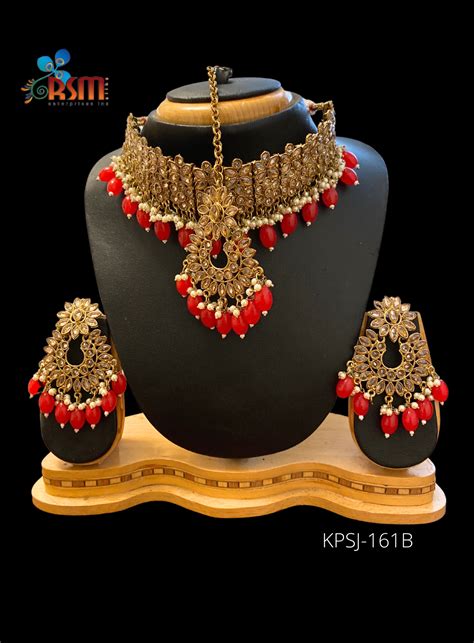 Bronze Gold LCT Stone Choker Necklace Set with Red Beads - Rsm Silks Online