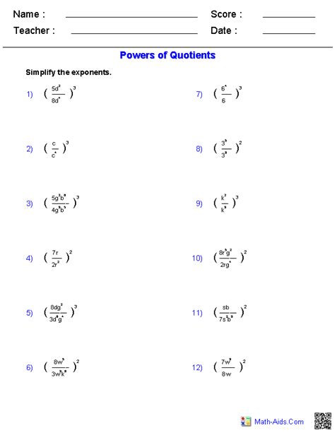 Algebra 1 Worksheets | Exponents Worksheets