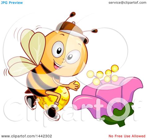 Clipart of a Happy Bee Pollinating a Flower - Royalty Free Vector Illustration by BNP Design ...